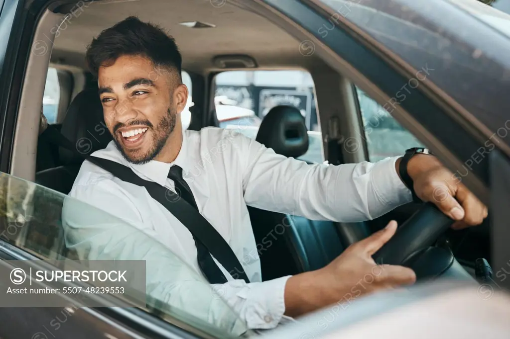 Business man, smile and driving car for morning commute, transportation and journey in traffic. Happy corporate indian male employee, travel and driver at steering wheel, auto vehicle or trip to work