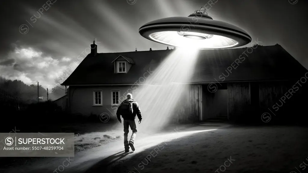 alien abduction concept, flying UFO saucer over man running into countryside house at foggy night, neural network generated art