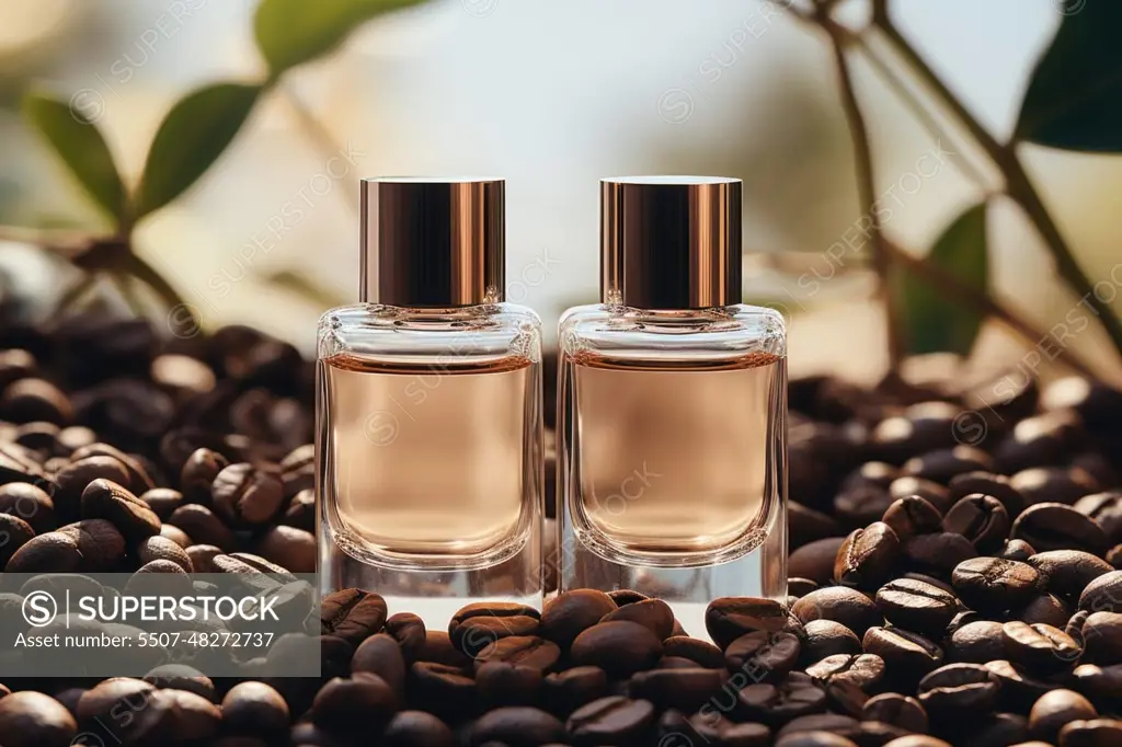 Bottle of perfume with roasted coffee beans. AI generated