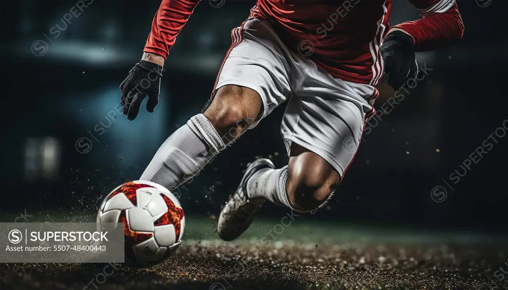 Close-up of a Leg in a Boot Kicking Football Ball. Professional Soccer Player Hits Ball with Fierce Power and Scores Goal, Grass Flying. Beautiful Cinematic Low Angle Ground Artistic Shot Copy space