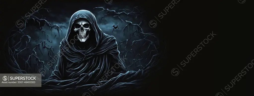 Grim reaper Haunted over dark misty background with copy space Vivid Halloween wallpaper background good for Halloweens card and invitation