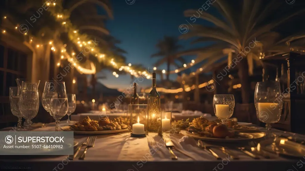 Luxury table setting in luxury restaurant with palm trees in the background. generative ai