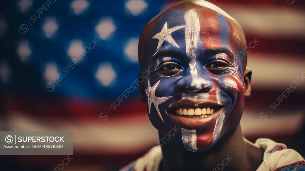 Smiling Afro black man with face paint painted in the color of the flag of the United States of America.