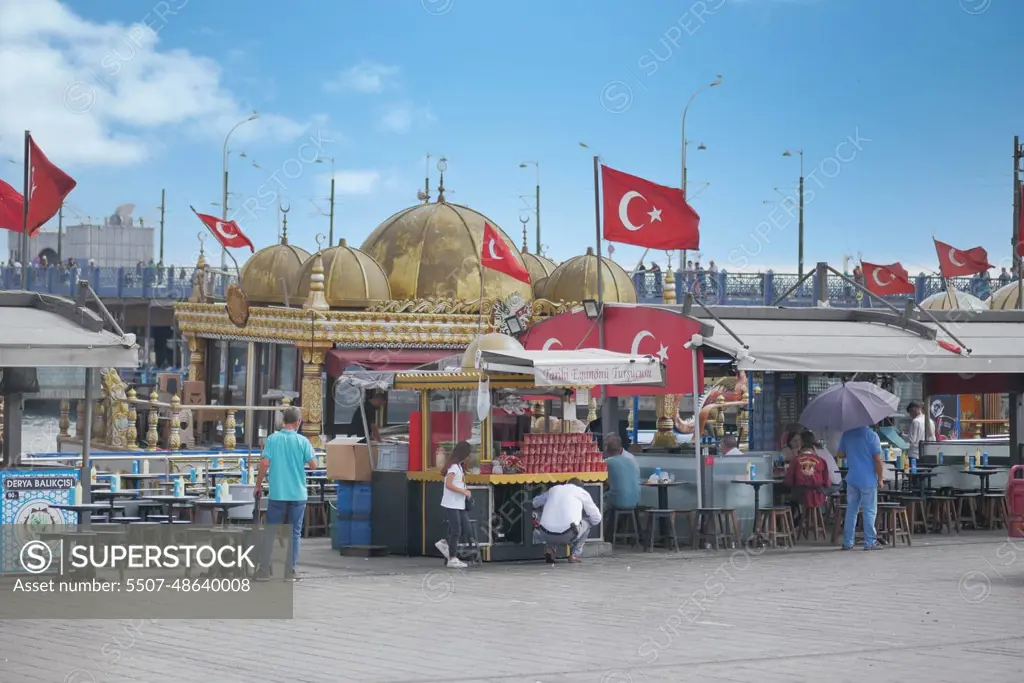 Turkey istanbul 16 july 2023. historical boats that sell fish in Istanbul