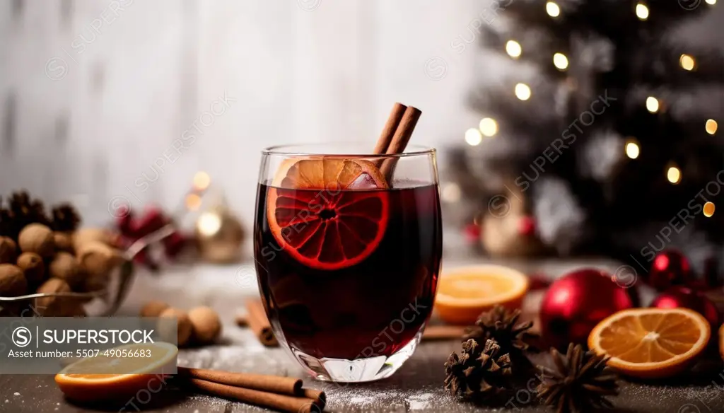 Christmas mulled wine delicious holiday like parties with orange cinnamon star anise spices. Traditional hot drink or beverage, festive cocktail at X-mas or New Year gluhwein winter design copy space