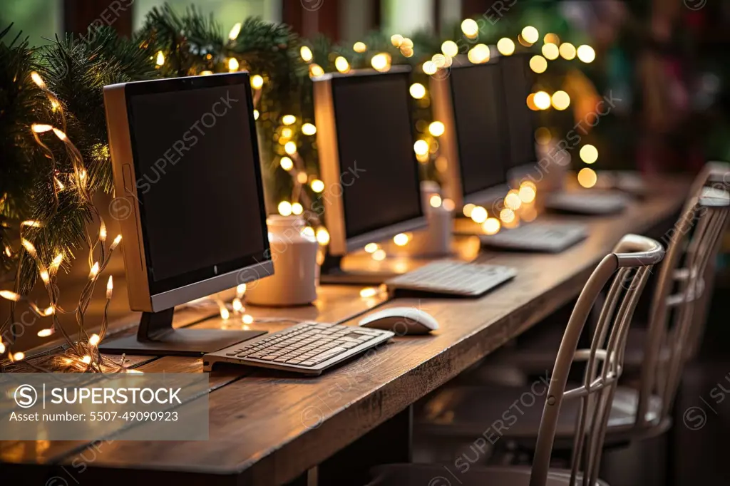 three computer monitors on a desk with christmas lights