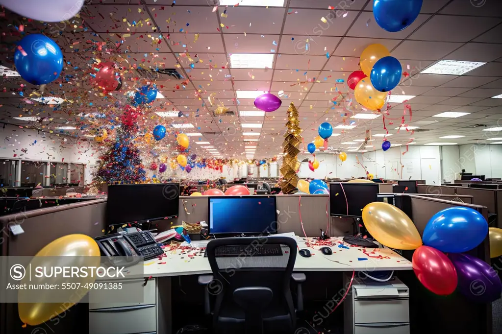 an office decorated with balloons and a christmas tree