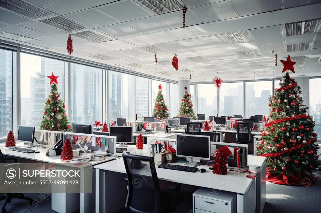 christmas trees in an office with computers