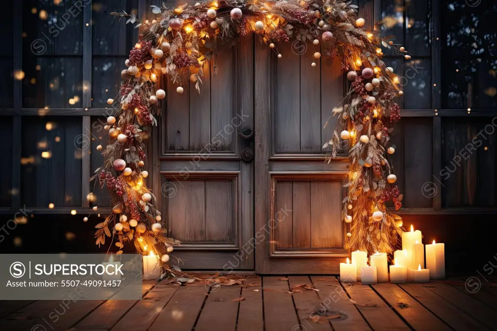 a christmas arch with candles and christmas lights