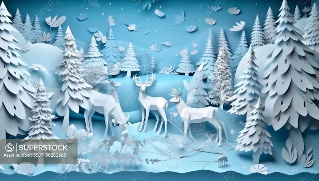 paper merry merry background tree blue art origami christmas winter snowflakes christmas. Generative AI.