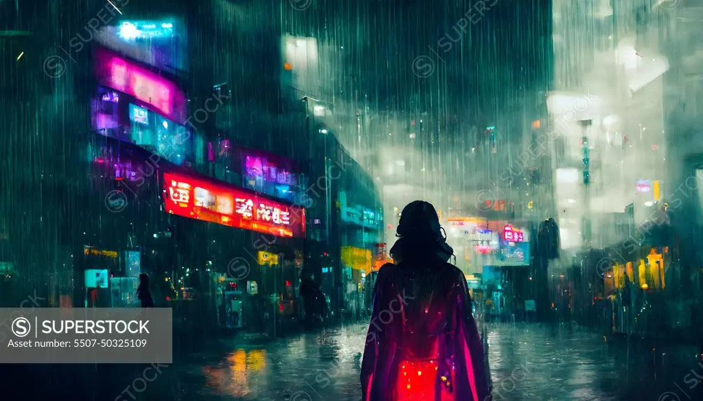 woman in raincoat in cuberpunk city street at rainy night, neural network generated art