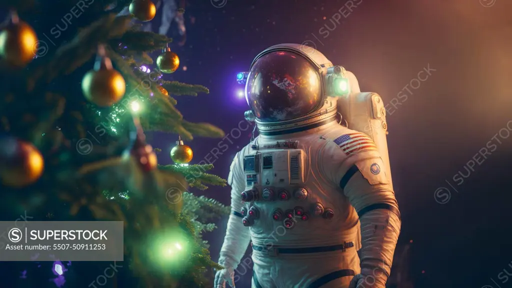 unrecognizable astronaut stands next to decorated christmas tree, neural network generated art