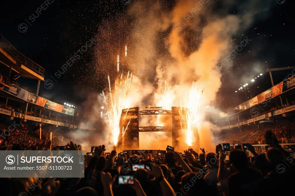 Rear view of the audience, crowd of people, fans, near the stage in the evening. Concert, sporting event. Generated by artificial intelligence