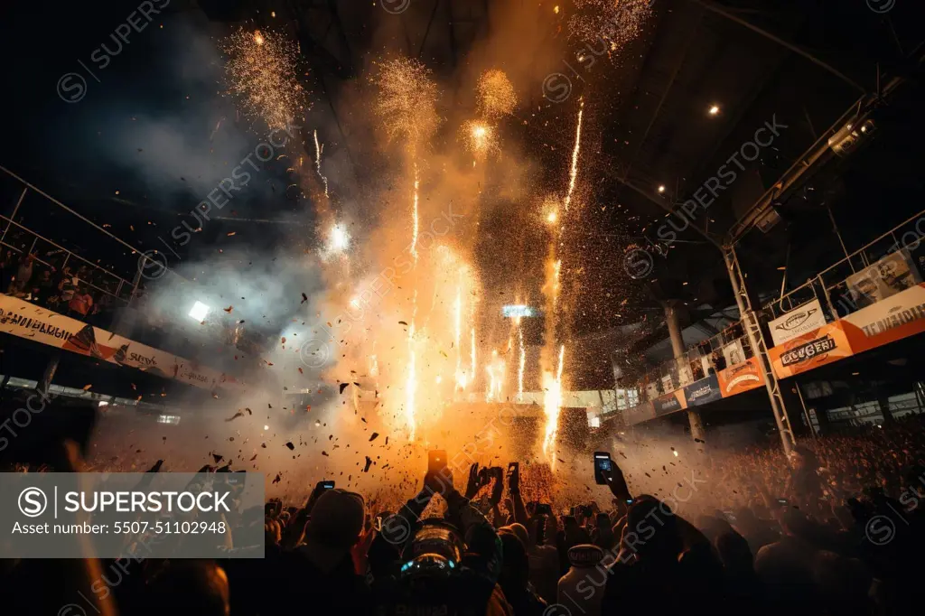 Rear view of the audience, crowd of people, fans, near the stage in the evening. Concert, sporting event. Generated by artificial intelligence