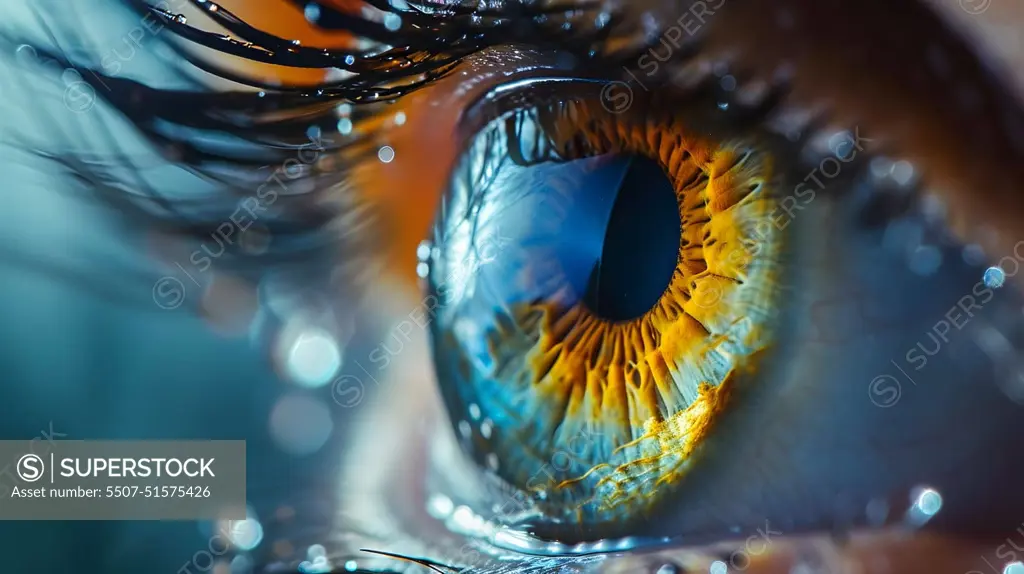 yellow and blue eye close up with drops on eyelashes, generative ai