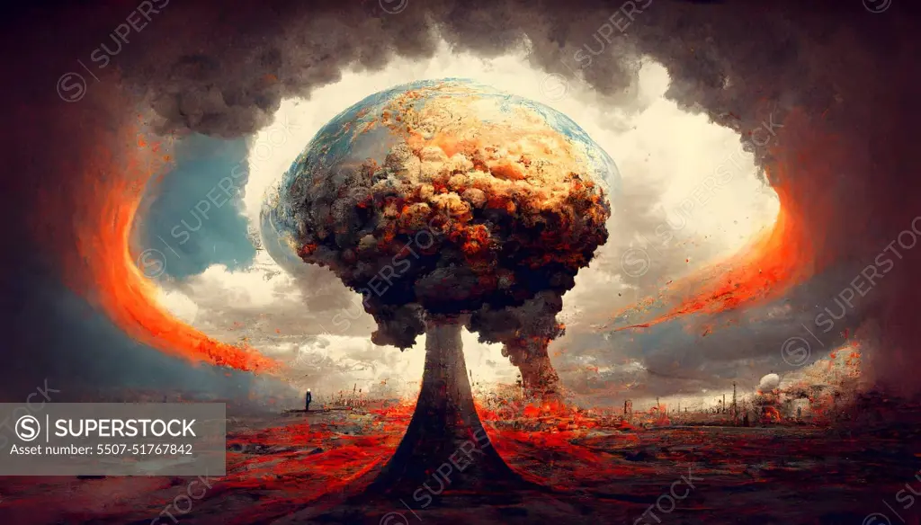 nuclear war, mushroom cloud above city, neural network generated art