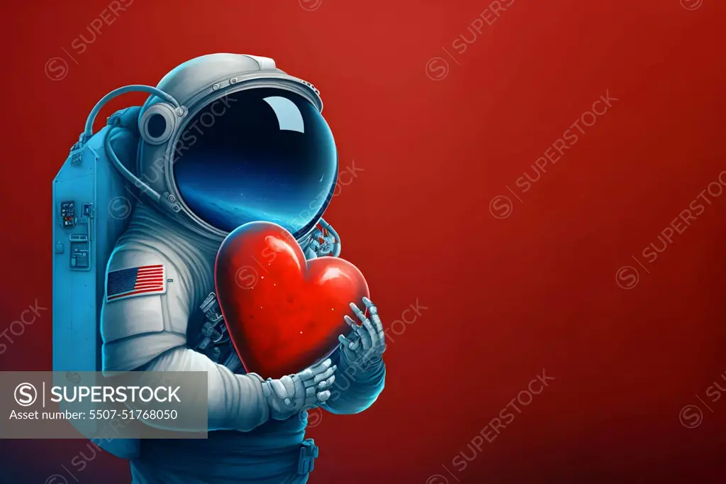 cosmonaut in space suit holding red heart, neural network generated art