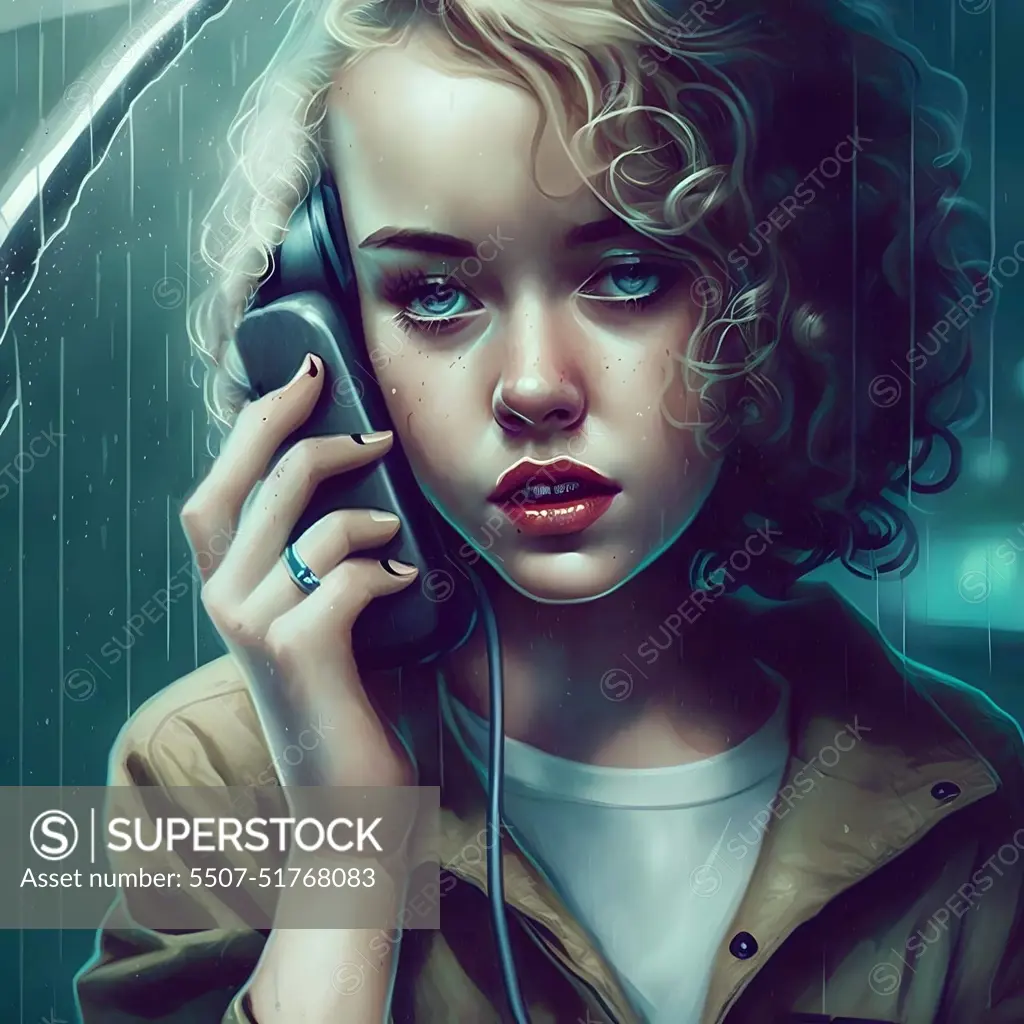 curly blonde young caucasian woman talking on the phone under rain, neural network generated art