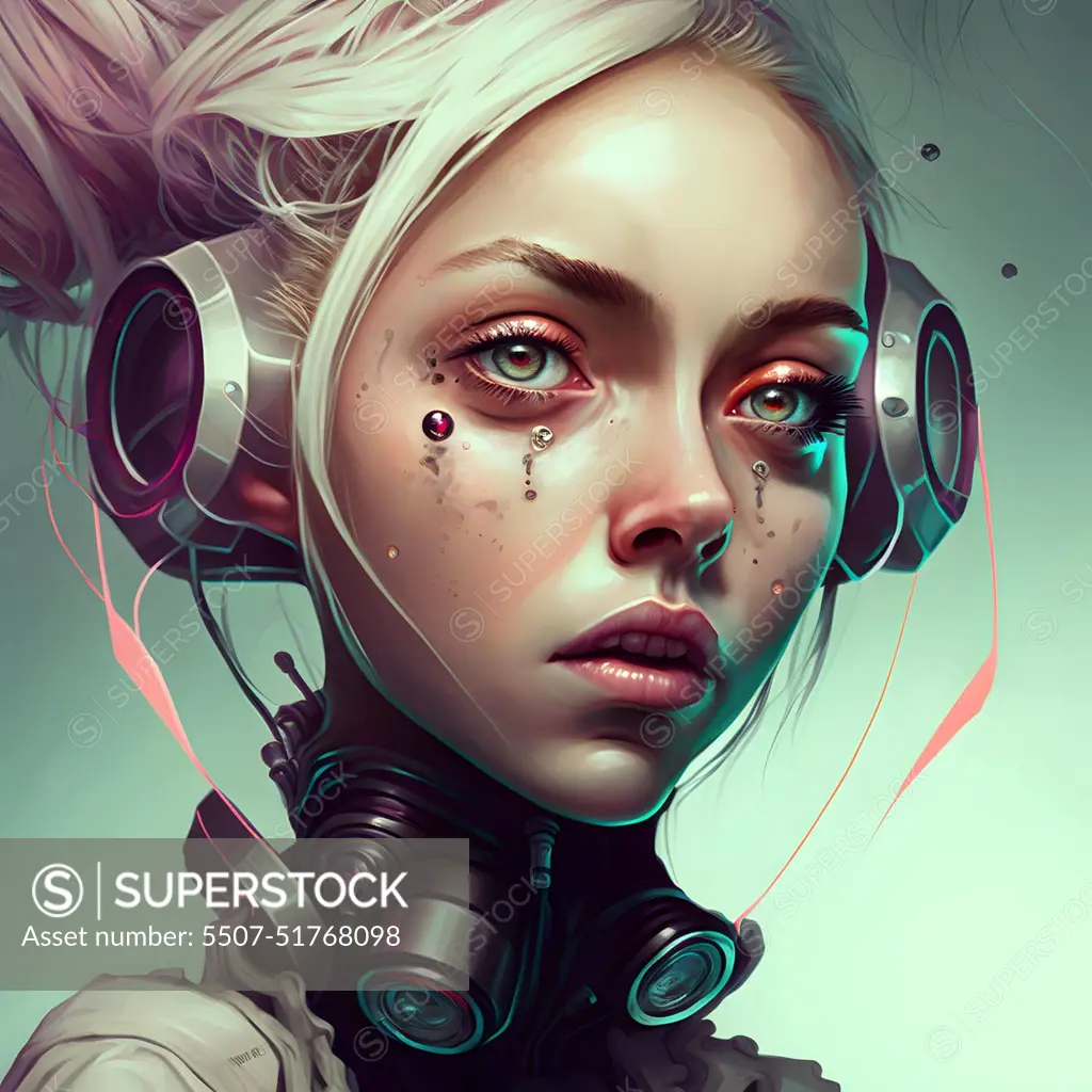 young caucasian female cyborg in futuristic cybernetic headphones, neural network generated art