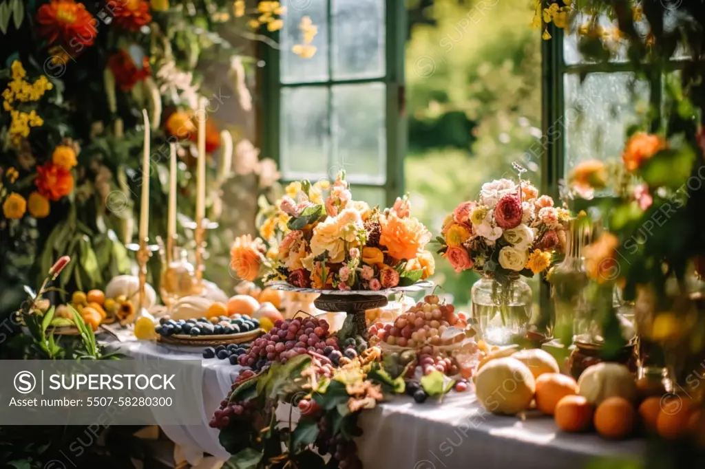 Country life, fruit garden and floral decor, autumnal flowers and autumn fruit harvest celebration, country cottage style, post-processed, generative ai