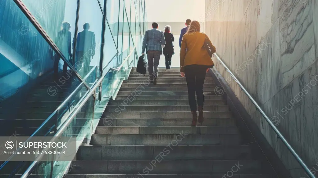 A group of people are walking up a set of stairs. The stairs are made of stone and the people are carrying backpacks. Scene is casual and relaxed