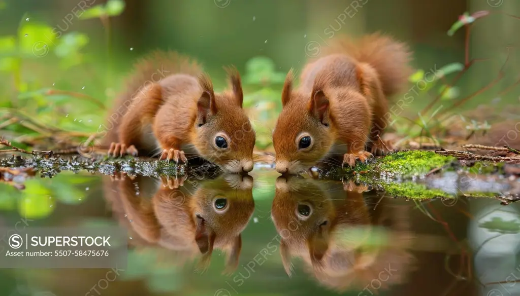 Two baby squirrels drinking water from a pond by AI generated image.