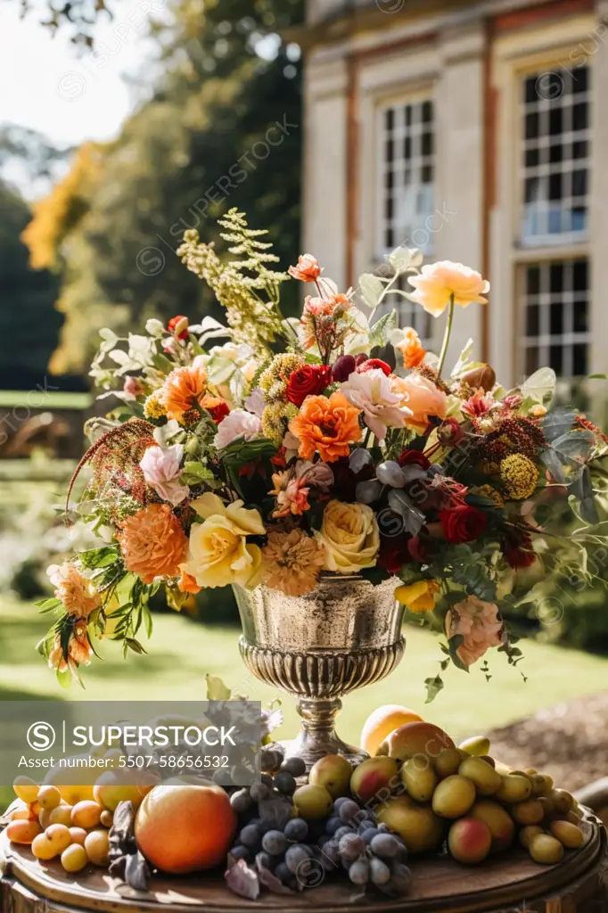 Country life, fruit garden and floral decor, autumnal flowers and autumn fruit harvest celebration, country cottage style, post-processed, generative ai