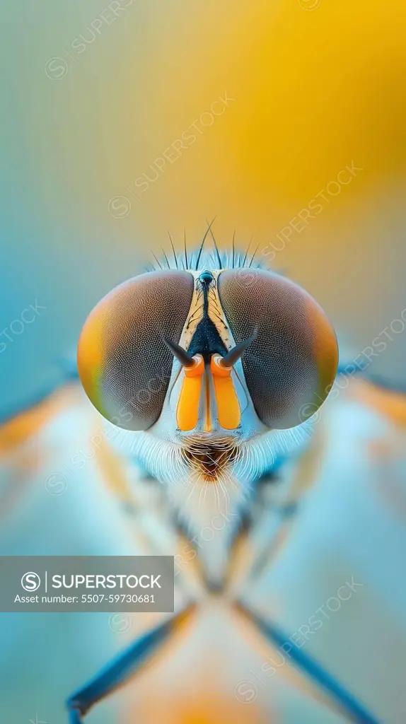 Macro portrait of a hoverfly showcasing its compound eyes with fine detail against a pastel backdrop - Generative AI