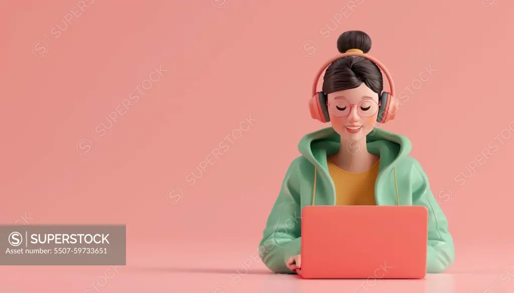 A woman is sitting in front of a laptop with headphones on by AI generated image.