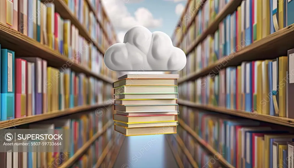 A stack of books is on top of a cloud, which is floating in a library by AI generated image.