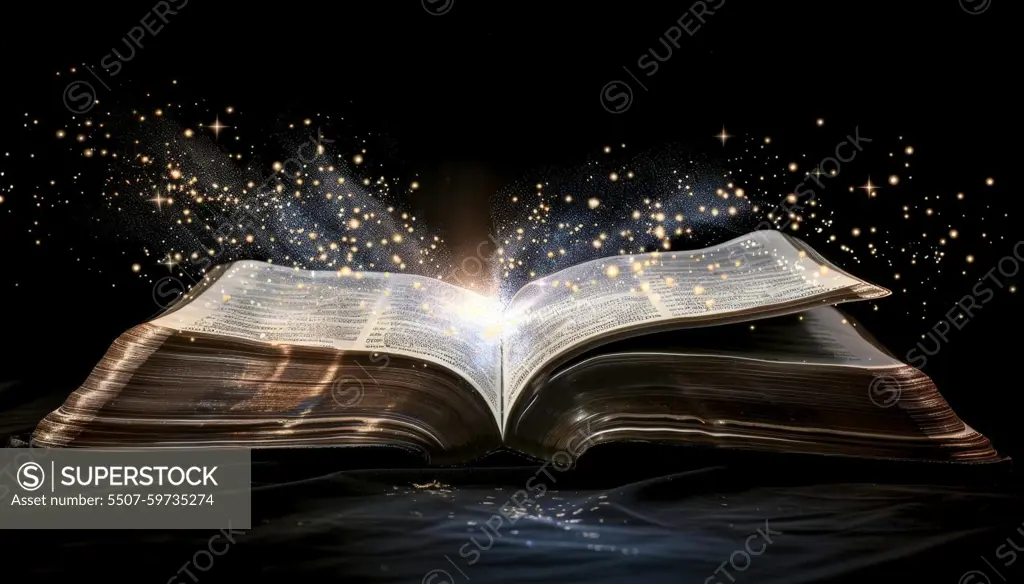 Open Bible with light emanating from it, Concept of spiritual enlightenment by AI generated image.