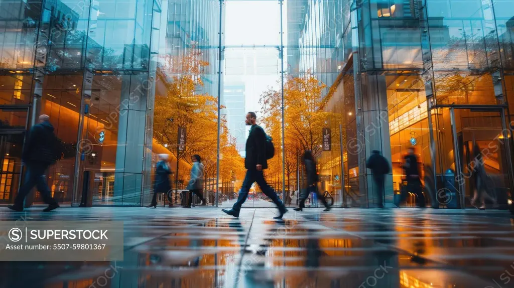 A businessperson walking alongside a glass-walled office building, with reflections and moving to the urban.