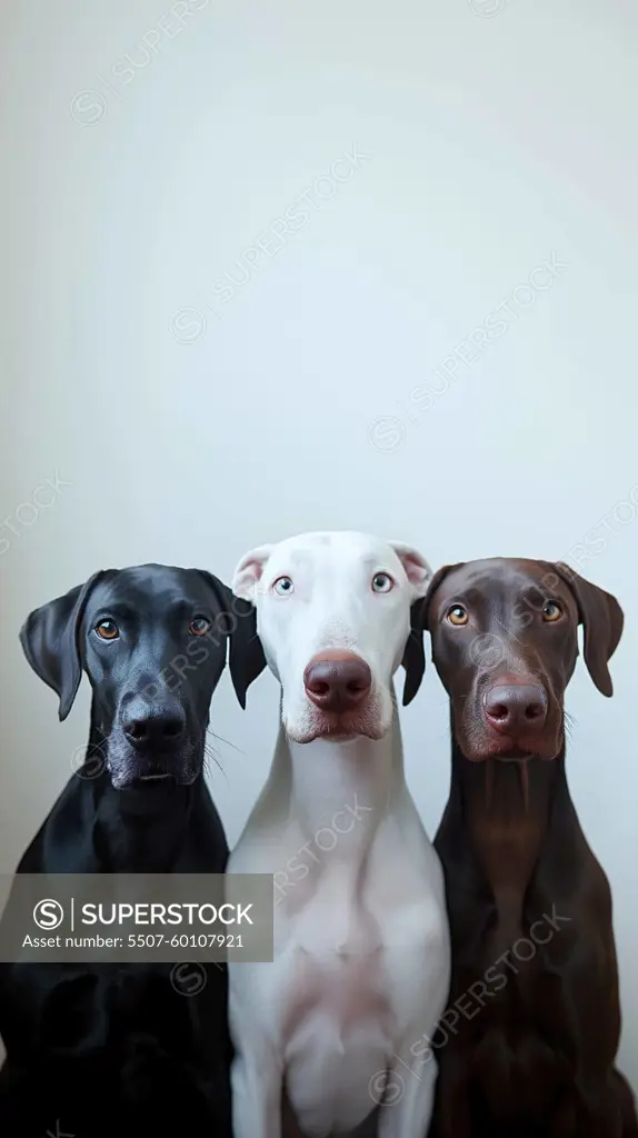 Three dogs, one black and one white and one brown, sit side by side with attentive expressions, showcasing their striking coat colors and elegant features - Generative AI