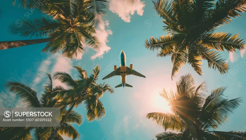 Airplane flying over palm trees at sunset. Concept of travel and adventure by AI generated image.