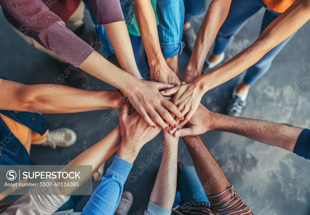 A group of people are holding hands in a circle by AI generated image.