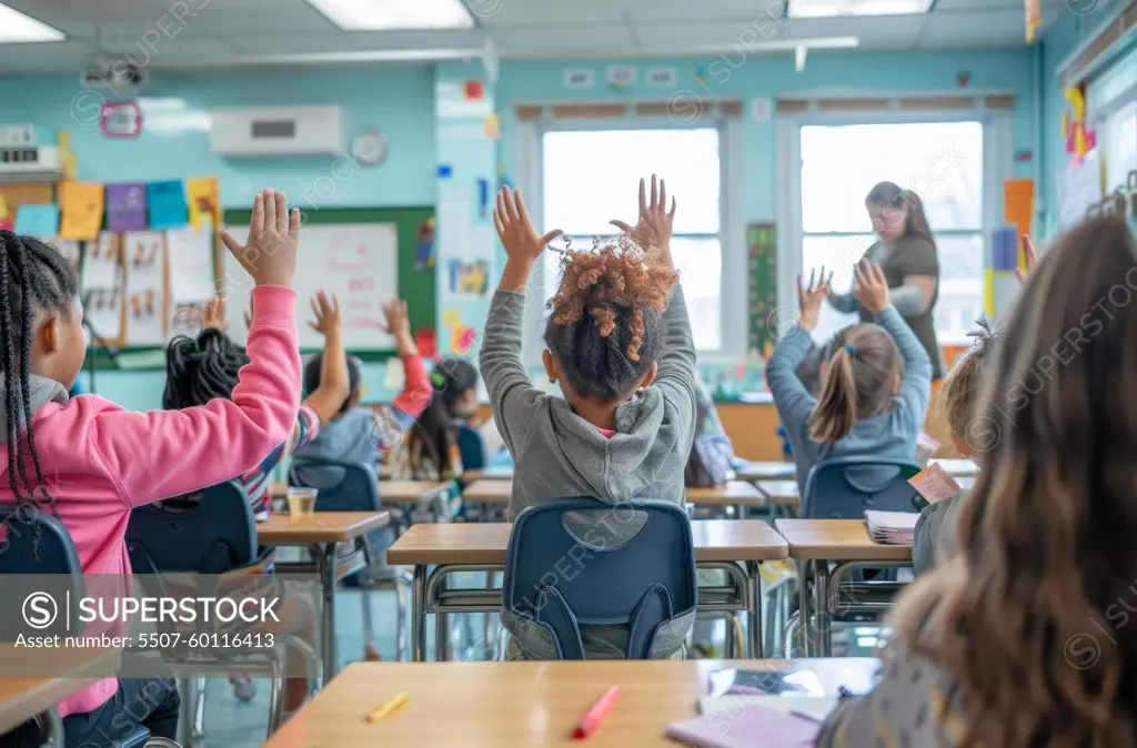 A group of children are in a classroom, raising their hands in unison by AI generated image.