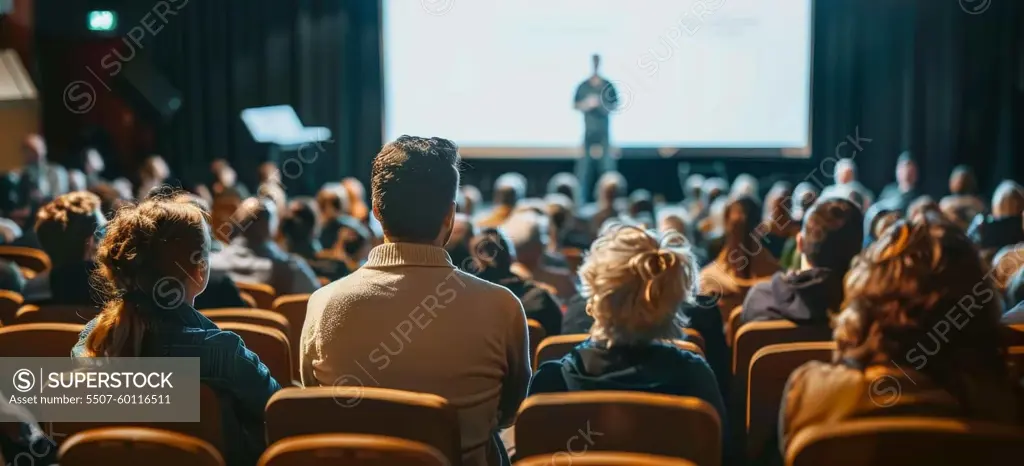 A man stands in front of a crowd of people, looking out at them by AI generated image.