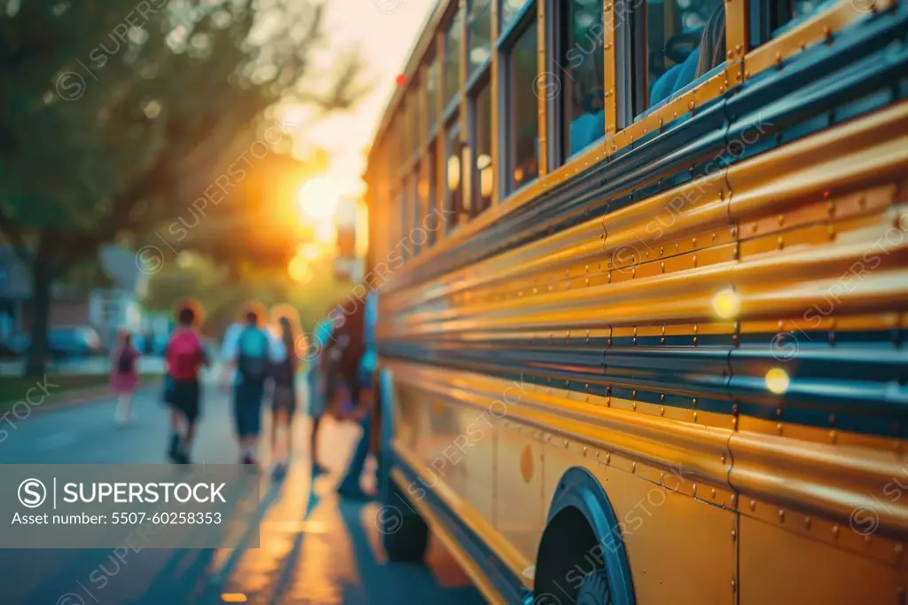 Back to school: Children step onto the school bus. Generative AI.