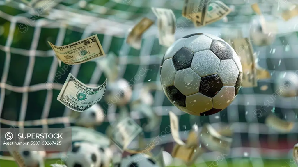 Football goal with money and betting tickets for football betting and jackpots web banner ad, Winning shot.