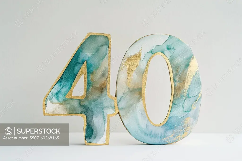 Golden and blue number number forty on white background. Symbol 40. Invitation for a fortieth birthday party or business anniversary. Watercolor style. Generative AI