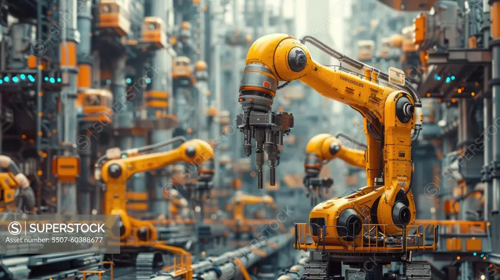 A yellow robot is in a factory with other robots. The robots are all yellow and are in a very industrial setting