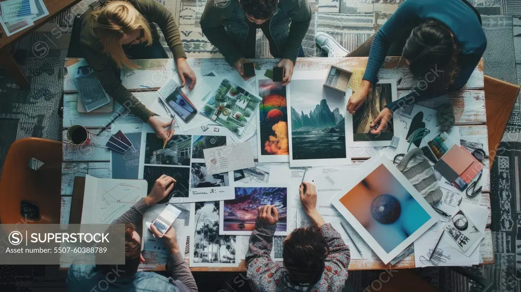 A group of people are sitting around a table with various pictures and objects on it. Scene is collaborative and creative, as the people are working together to create something