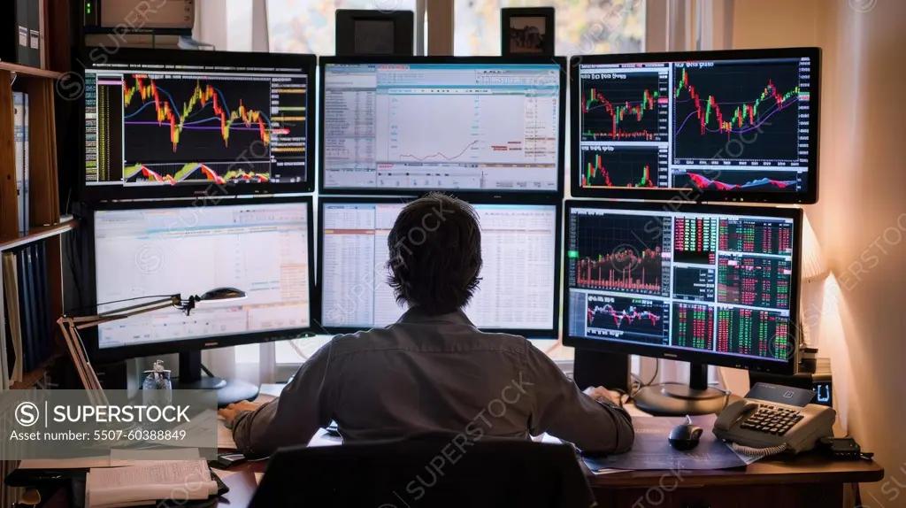 Dedicated investor analyzing stock market data with multiple monitors and financial reports on desk.