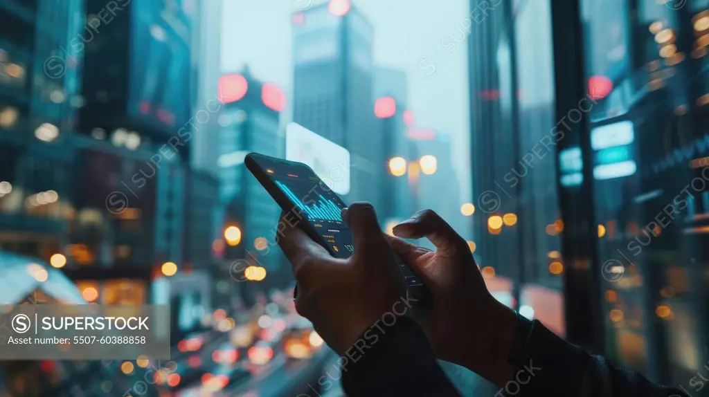 Person using smartphone with cityscape view through window, Urban investment check.