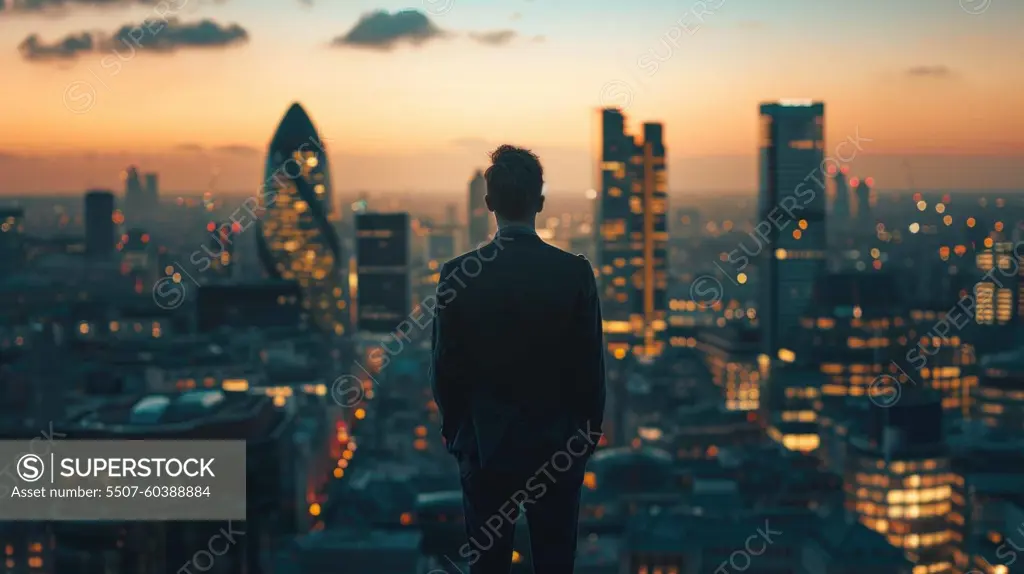 A man stands in the middle of a city at night, looking out over the skyline. The city is lit up with lights, creating a sense of energy and excitement. The man is lost in thought