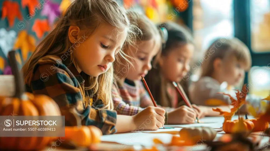 A group of children are sitting at a table and writing. The table is covered with fall decorations, including pumpkins and leaves. The children are using pencils to write on paper