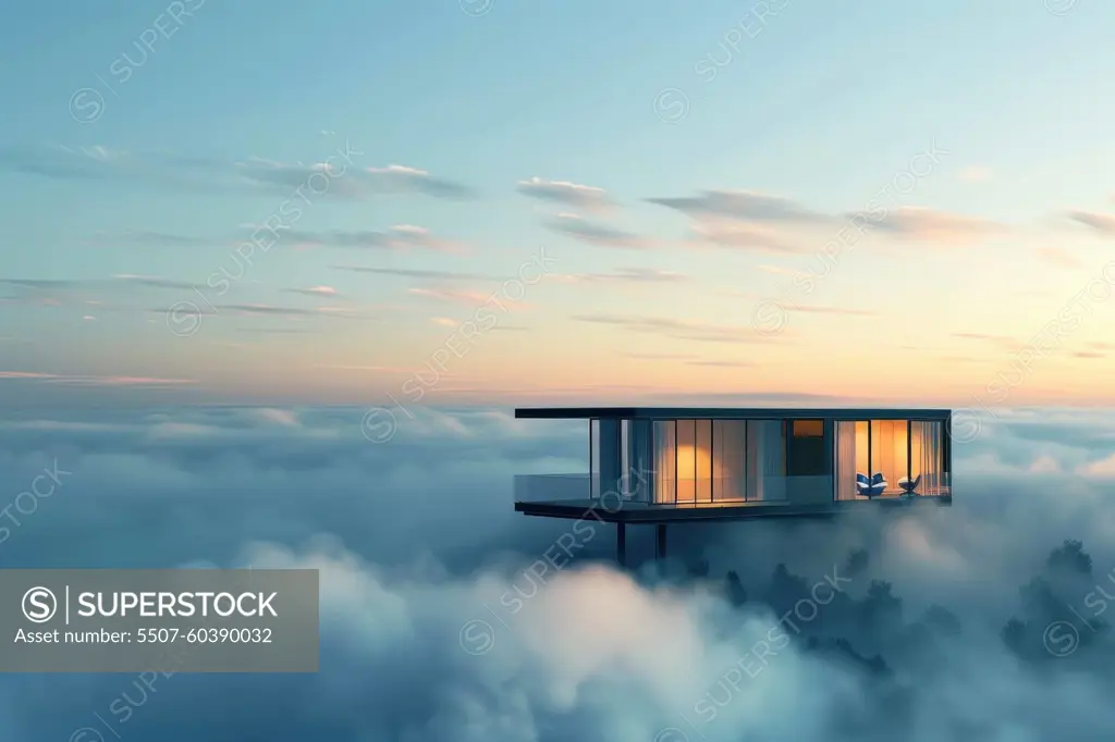 A house is floating in the clouds with a beautiful view of the sky.