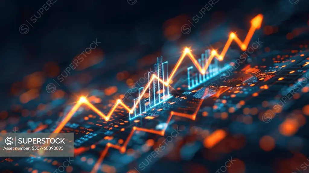 A computer screen with a graph of numbers and lines. The graph is orange and blue