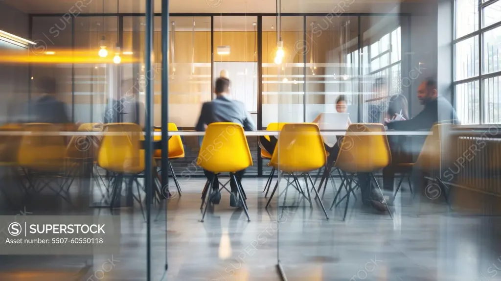 Dynamic Office Meeting in Modern Workspace with Vibrant Motion against Minimalist Background.