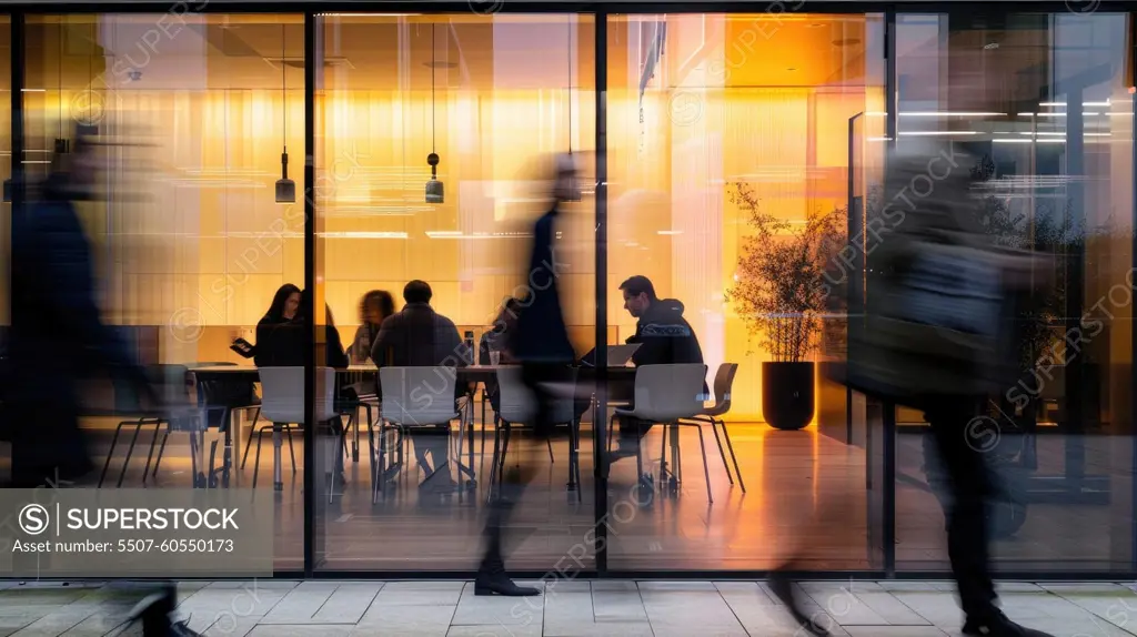 A group of people are walking past a restaurant with a large window.